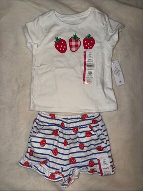 🍓NWT White Strawberry Tee & Blue Striped Shorts Set🍓